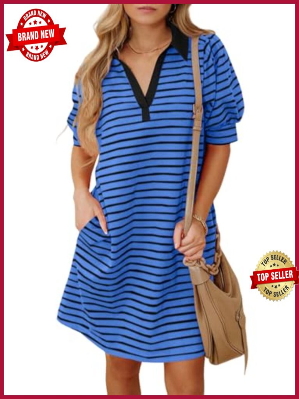 T Shirt Dress Midi Striped Puff Sleeve Polo V Neck Pockets Casual Summer